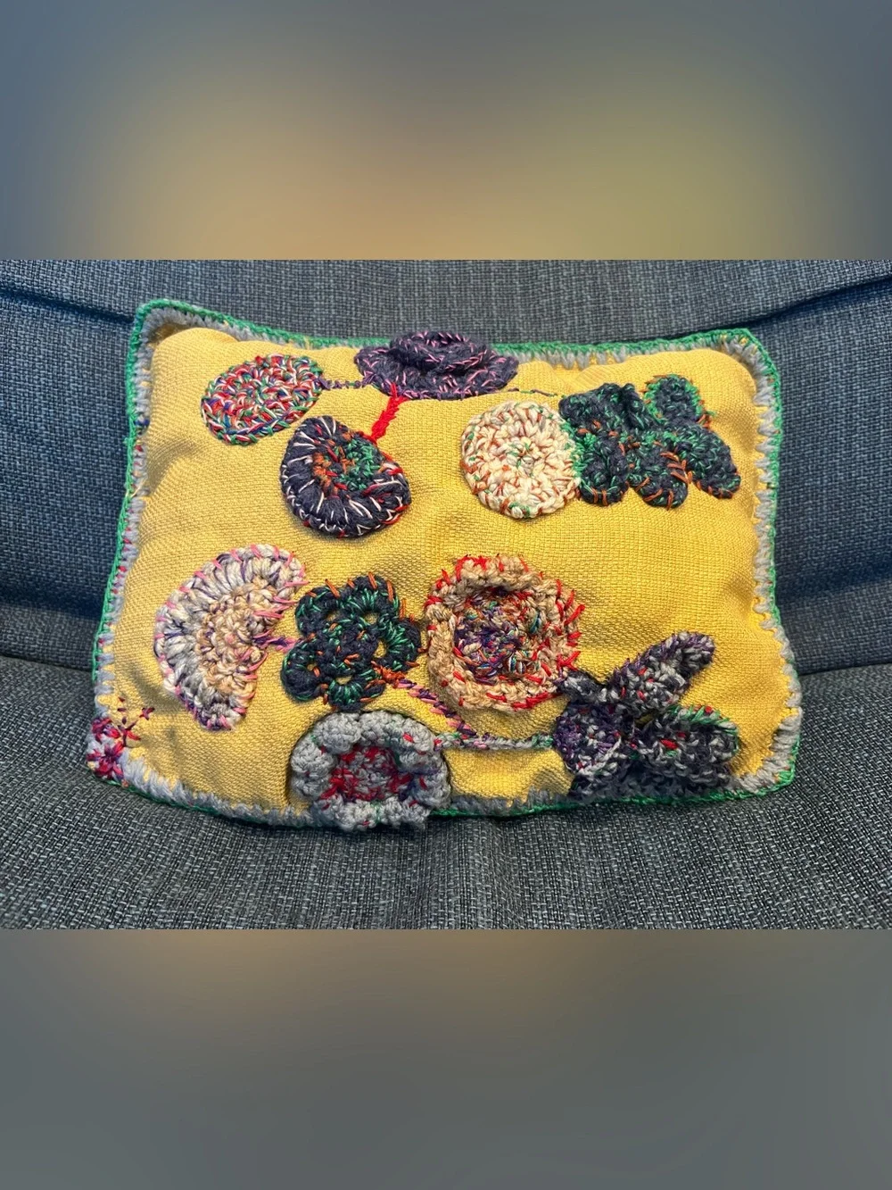 Handmade Embroidered Floral Pillow – Green Border – Boho Textile Art
